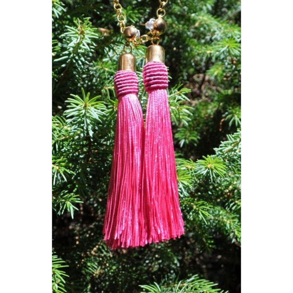 Gold-tone Boho Gypsy earrings with Gold Post Pink Fuchsia Tassel